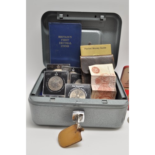 72 - A cash tin (with key) containing mixed UK coinage of various dates and coins from around the world