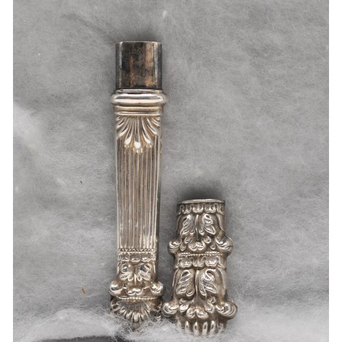 79 - An antique silver (tested) needle case of ribbed form with bands of leaf decoration, possibly 18C Fr... 