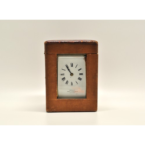 113 - Antique travelling carriage clock in case, bevelled glass with white dial reads Drew & Co 56 & 157 L... 