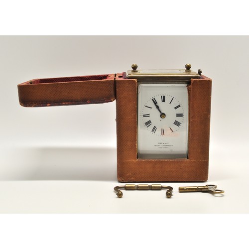 113 - Antique travelling carriage clock in case, bevelled glass with white dial reads Drew & Co 56 & 157 L... 