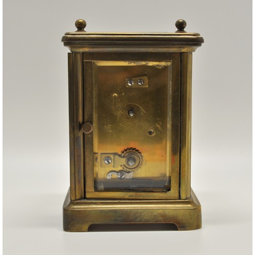 113 - Antique travelling carriage clock in case, bevelled glass with white dial reads Drew & Co 56 & 157 L... 