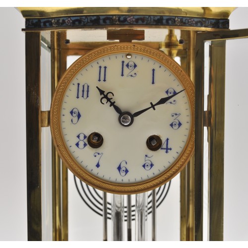 120 - Antique brass enamel trim mantle clock with  white enamel dial, bow-fronted bevelled glass panel wit... 