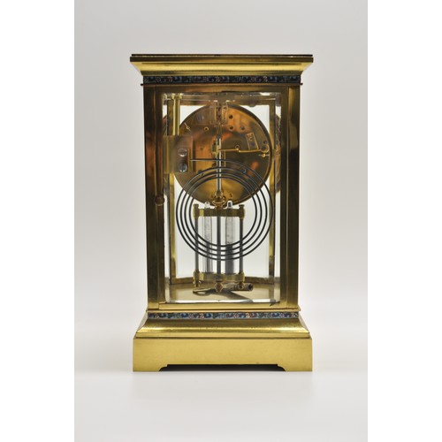 120 - Antique brass enamel trim mantle clock with  white enamel dial, bow-fronted bevelled glass panel wit... 