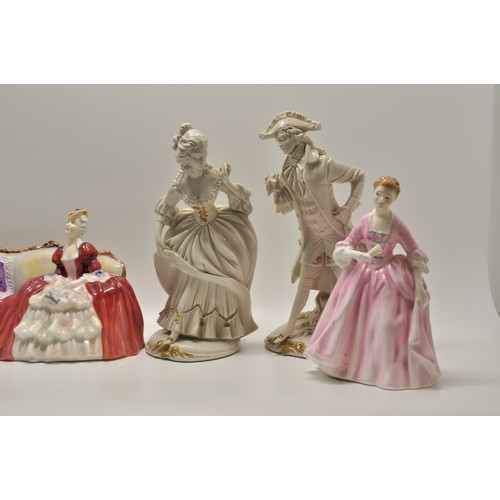 146 - x5 Royal Doulton figurines including Belle O The Ball HN1997 together with x2  Italian Capidimonte f... 