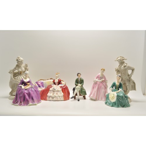 146 - x5 Royal Doulton figurines including Belle O The Ball HN1997 together with x2  Italian Capidimonte f... 