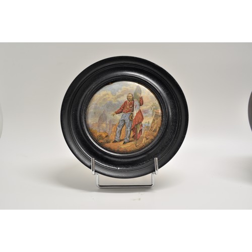 162 - x3 antique  pot lids in wooden frames including funeral of the Late Duke of Wellington A/F