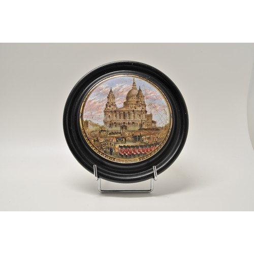 162 - x3 antique  pot lids in wooden frames including funeral of the Late Duke of Wellington A/F