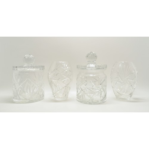 170 - Two cut crystal glass lidded biscuit barrels approx  max height with lid 27cm, together with a pair ... 