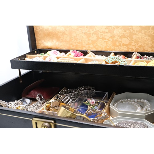 87A - Jewellery box with contents - consisting of watches, brooches, bracelets, necklaces, earrings some o... 