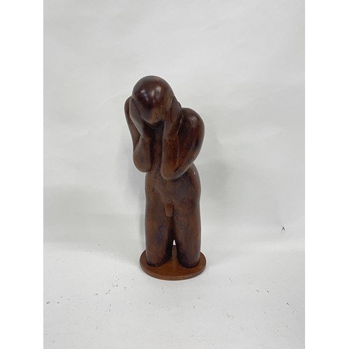 2 - Unusual contemporary solid wood sculpture of male nude form in bowed holding head pose, unsigned, ap... 