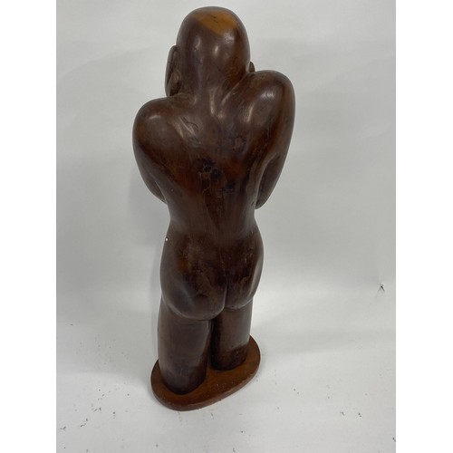 2 - Unusual contemporary solid wood sculpture of male nude form in bowed holding head pose, unsigned, ap... 