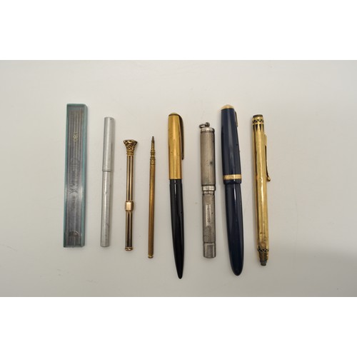 16 - A collection  of pens, to include  a blue parker fountain pen with 14k gold nib,  silver fountain pe... 