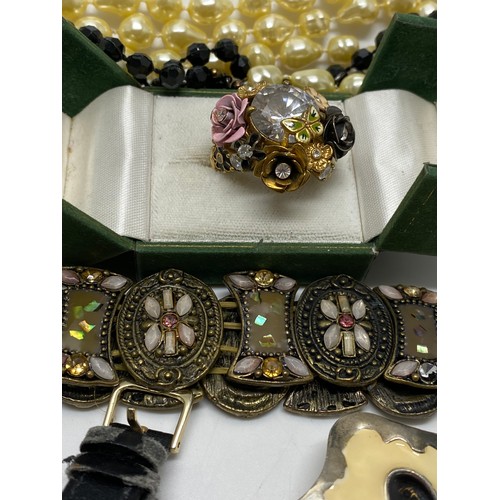 26 - Mixed costume Jewellery to include rings, brooches, badges, necklaces, vintage Talis wristwatch and ... 