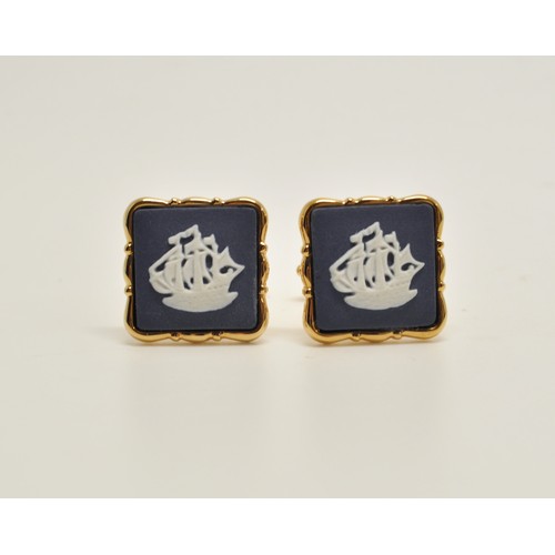 28 - Two pairs of boxed Wedgwood Jasper cufflinks depicting galleon, one pair circular design, other squa... 