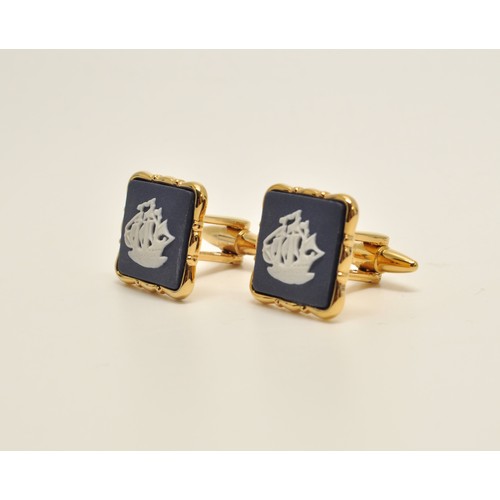 28 - Two pairs of boxed Wedgwood Jasper cufflinks depicting galleon, one pair circular design, other squa... 