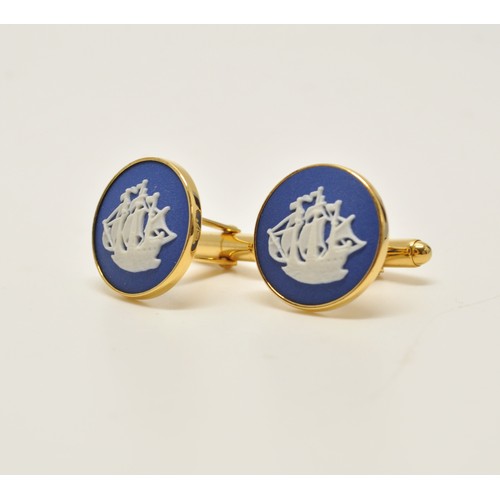 28 - Two pairs of boxed Wedgwood Jasper cufflinks depicting galleon, one pair circular design, other squa... 