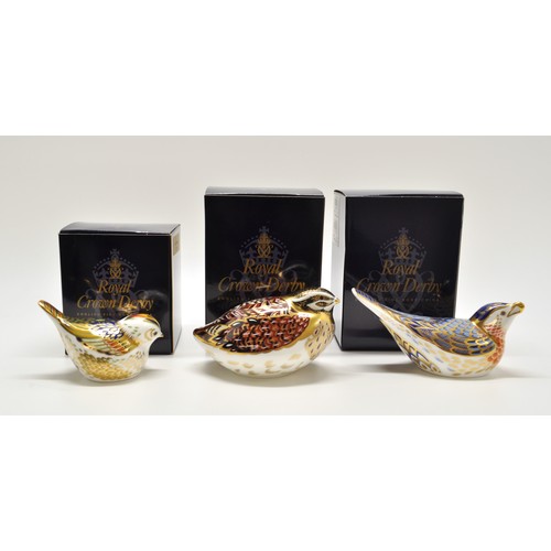 40 - Crown Derby Set of 3 birds, Firecrest, dappled quail and bluebird paperweight, all  boxed.