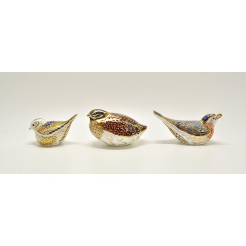 40 - Crown Derby Set of 3 birds, Firecrest, dappled quail and bluebird paperweight, all  boxed.