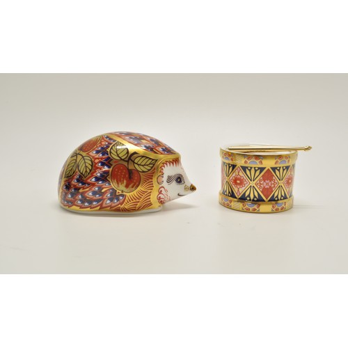 44 - Royal Crown Derby Orchard Hedgehog with gold stopper together with mini Toy Drum with sticks. Both b... 