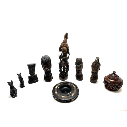 84 - African/Egyptian figures and treen predominately hand carved, also includes a Westair sphinx cat etc... 