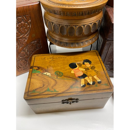 85 - An assortment of storage/jewellery/trinket/cigarette boxes and other items some hand carved, with ke... 