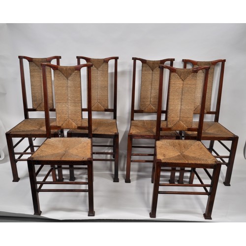 89 - x6 Arts & Craft style chairs with rush work to back and seat AF