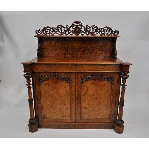 91 - Antique burr walnut chiffonier with carved scroll detailing to top, cutlery drawer with two tier int... 