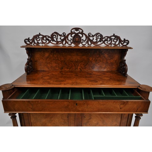 91 - Antique burr walnut chiffonier with carved scroll detailing to top, cutlery drawer with two tier int... 