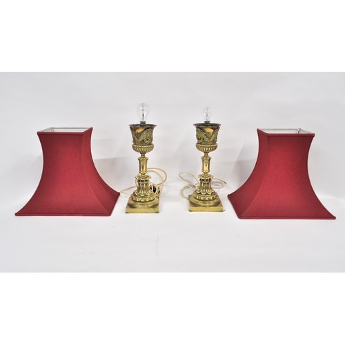 94 - A Pair of neoclassical chalice style brass lamps with shades, approx height including shade 65cm, PA... 