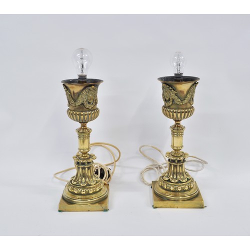 94 - A Pair of neoclassical chalice style brass lamps with shades, approx height including shade 65cm, PA... 