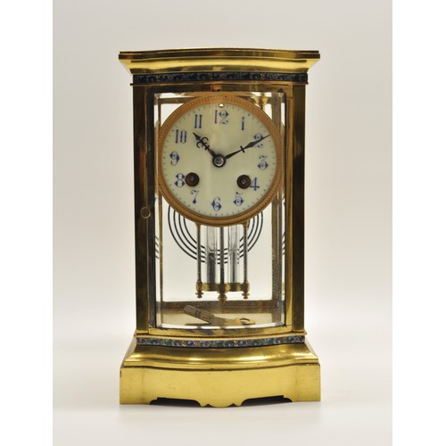 101 - Antique brass enamel trim mantle clock with  white enamel dial, bow-fronted bevelled glass panel wit... 