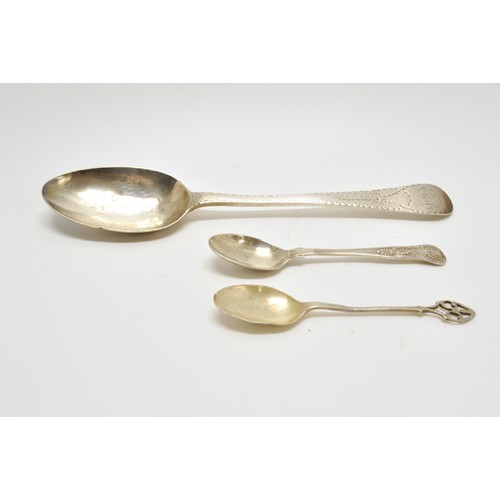 105 - Silver spoon hallmarked London 1783 maker stamp GS, together with two smaller spoons hallmarked Birm... 