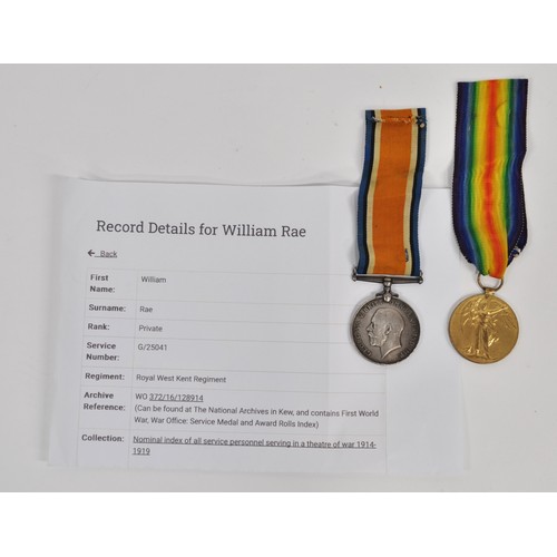 133 - WW1 George V war and victory medal attributed to G-25041 PTE. W. RAE RWKENT.R