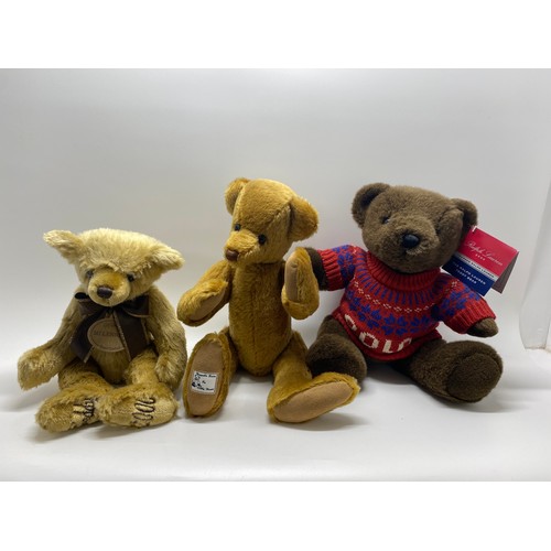 195 - Teddy group consisting; Growler teddy bear by Libby Heald, Aurura Milennium hand crafted bean bear a... 