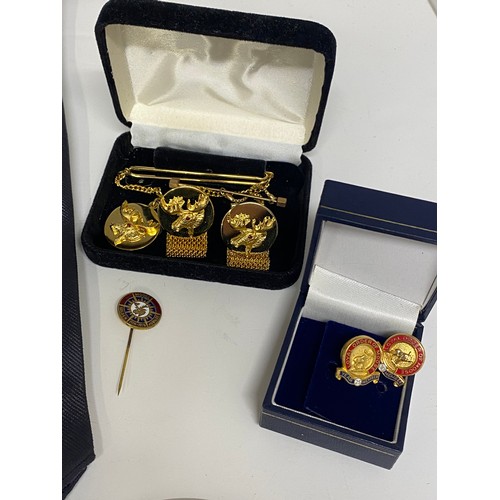 146 - Collection of Loyal Order of Moose memorabilia in wooden box, including car badge, medallions, trans... 