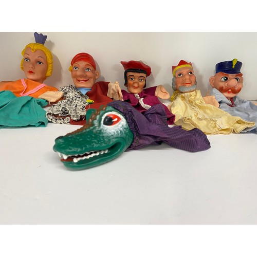 197 - Collection of 6   hand puppets with vinyl heads to include a crocodile