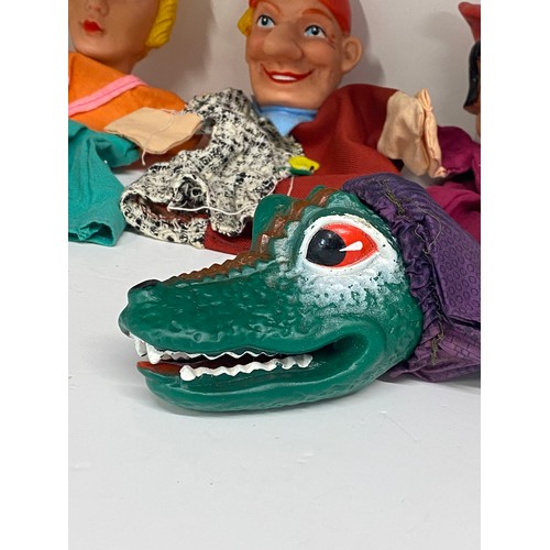 197 - Collection of 6   hand puppets with vinyl heads to include a crocodile