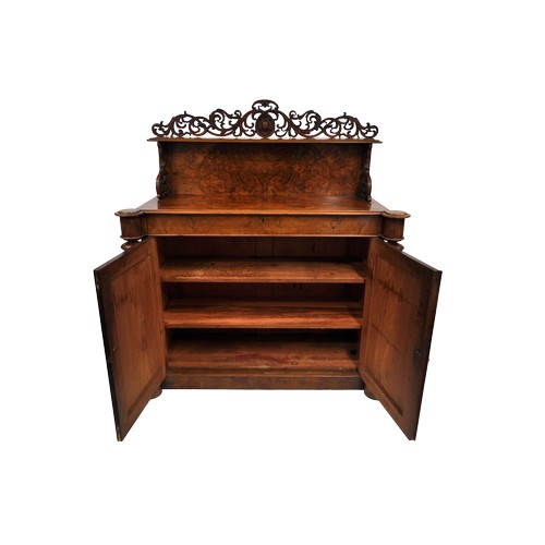 91 - Antique burr walnut chiffonier with carved scroll detailing to top, cutlery drawer with two tier int... 