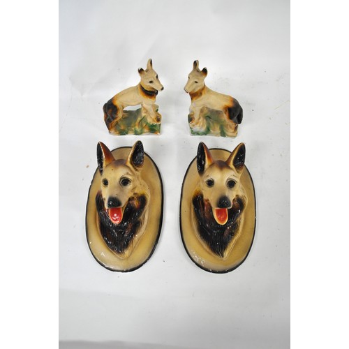 72 - A pair of painted chalkware wall plaques depicting Alsatian dogs together with pair of hand coloured... 