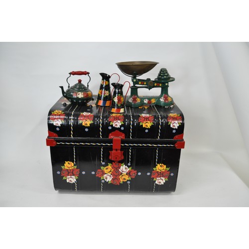 77 - Barge Art hand painted floral design metal trunk together with scales, teapot and x2 jugs