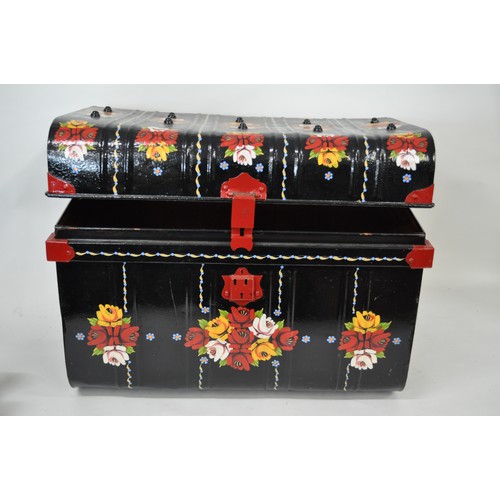 77 - Barge Art hand painted floral design metal trunk together with scales, teapot and x2 jugs