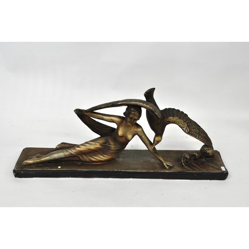 78 - Large Art Deco style gilded Plaster statue of a female posing on beach being attacked by a seagull. ... 