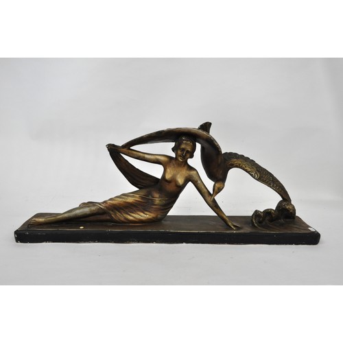 78 - Large Art Deco style gilded Plaster statue of a female posing on beach being attacked by a seagull. ... 