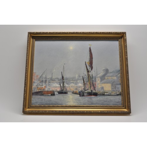 87 - Original oil on board of S B Vigilant leaving Ipswich Dock 1980 for Pin Mill Barge Match signed J Ri... 