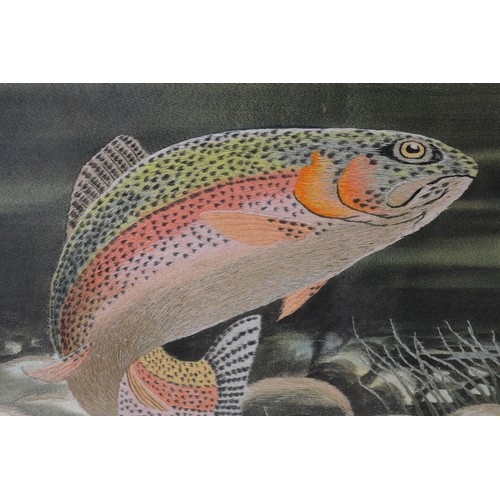 88 - Large and very striking large framed Japanese silk scarf handcrafted artwork of Rainbow Trout. c.195... 