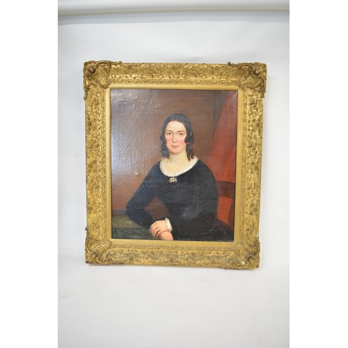 91 - Large antique oil on canvas in ornate gilt frame, portraiture of lady, subject unknown, unsigned. AF... 