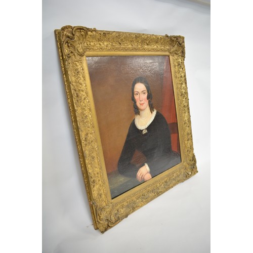 91 - Large antique oil on canvas in ornate gilt frame, portraiture of lady, subject unknown, unsigned. AF... 