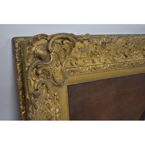 91 - Large antique oil on canvas in ornate gilt frame, portraiture of lady, subject unknown, unsigned. AF... 