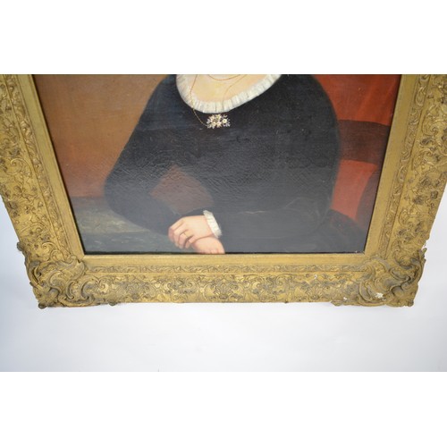 91 - Large antique oil on canvas in ornate gilt frame, portraiture of lady, subject unknown, unsigned. AF... 