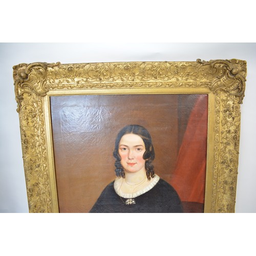 91 - Large antique oil on canvas in ornate gilt frame, portraiture of lady, subject unknown, unsigned. AF... 